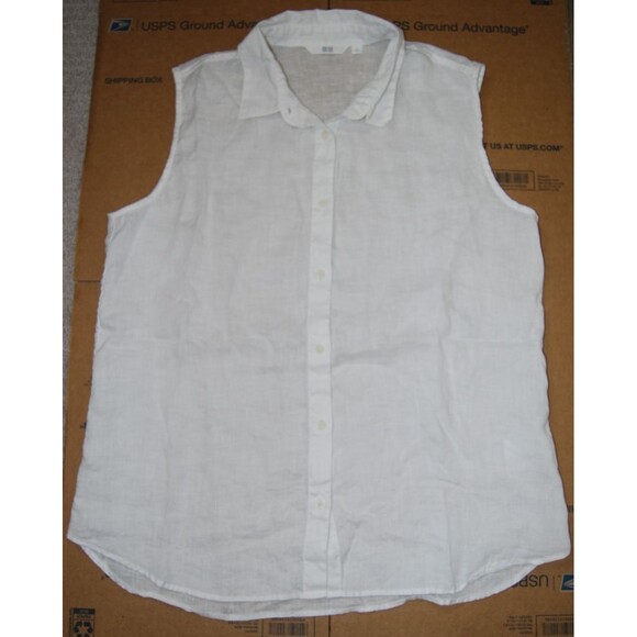 Uniqlo Tops - Uniqlo Womens LARGE White 100% Linen Button Up NO Sleeve Shirt Blouse Top